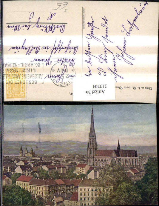 213204,Linz a. d. Donau v. Bauernberg Teilansicht Dom Kirche Allgemine Ausstellung 1924 Stempel