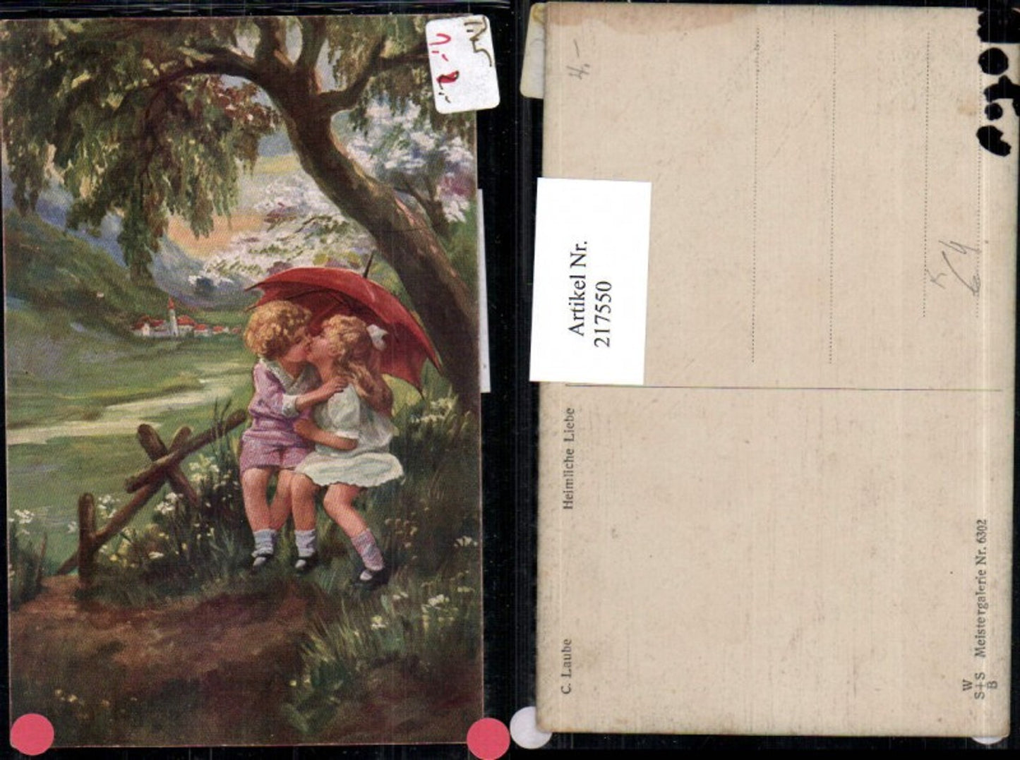 217550,Künstler AK C. Laube „Heimliche Liebe“ Junge u. Mädchen küssen sich Kuss Schirm