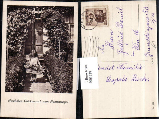 2001328,Glückwunschkarte zum Namenstag Mädchen m. Korb voll Blumen