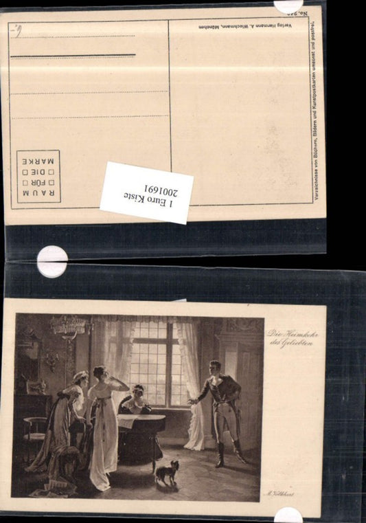 2001691,Künstler AK M. Volkhart „Die Heimkehr des Geliebten“ Frauen b. Klavier Hund