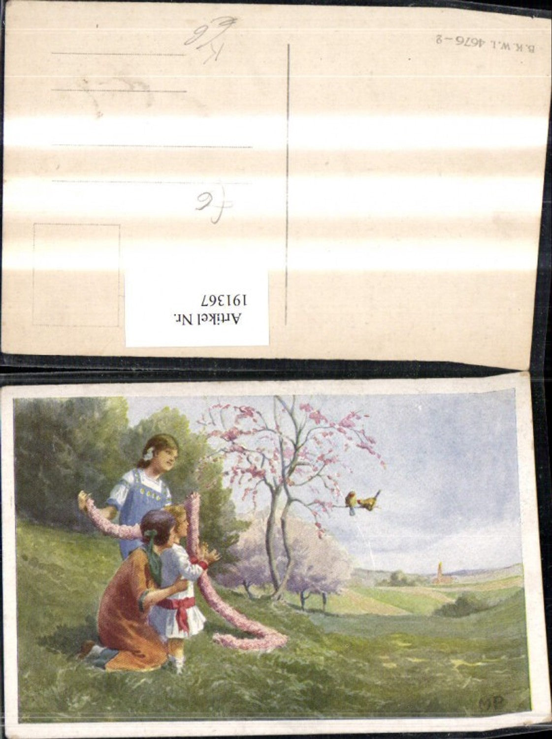 191367,Künstler AK Kinder Landschaft Vögel Frühling