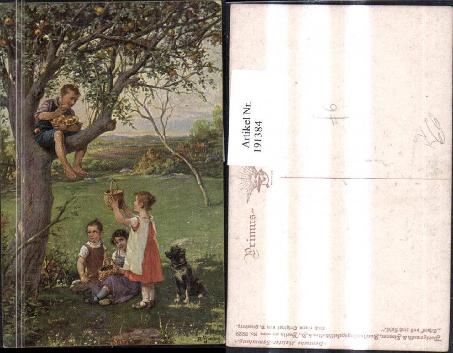 191384,Künstler AK A. Humborg „Schenkt uns auch Äpfel“ Kinder Korb Apfelbaum Äpfel Hund pub Wohlgemuth & Lissner