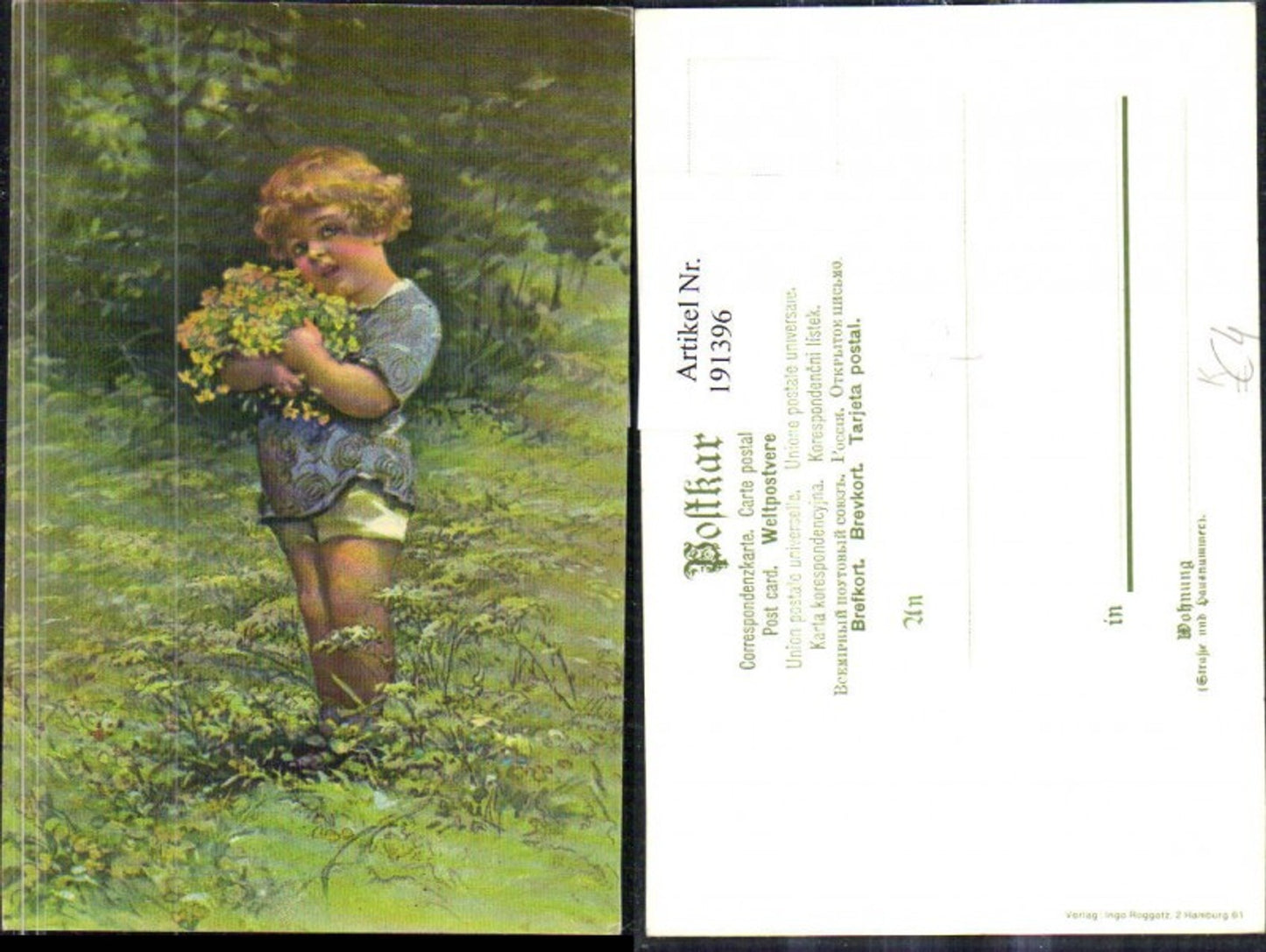 191396,Künstler AK Kind m. Blumenstrauß Blumen Wiese