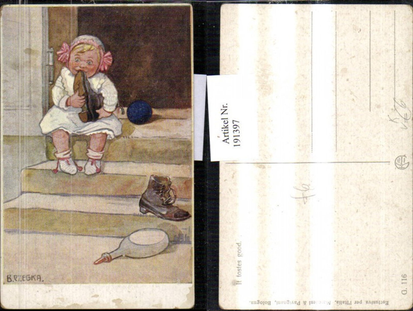 191397,Künstler AK B. Czegka „It tostes good“ Kind kaut an einem Stiefel Schuh pub Kilophot