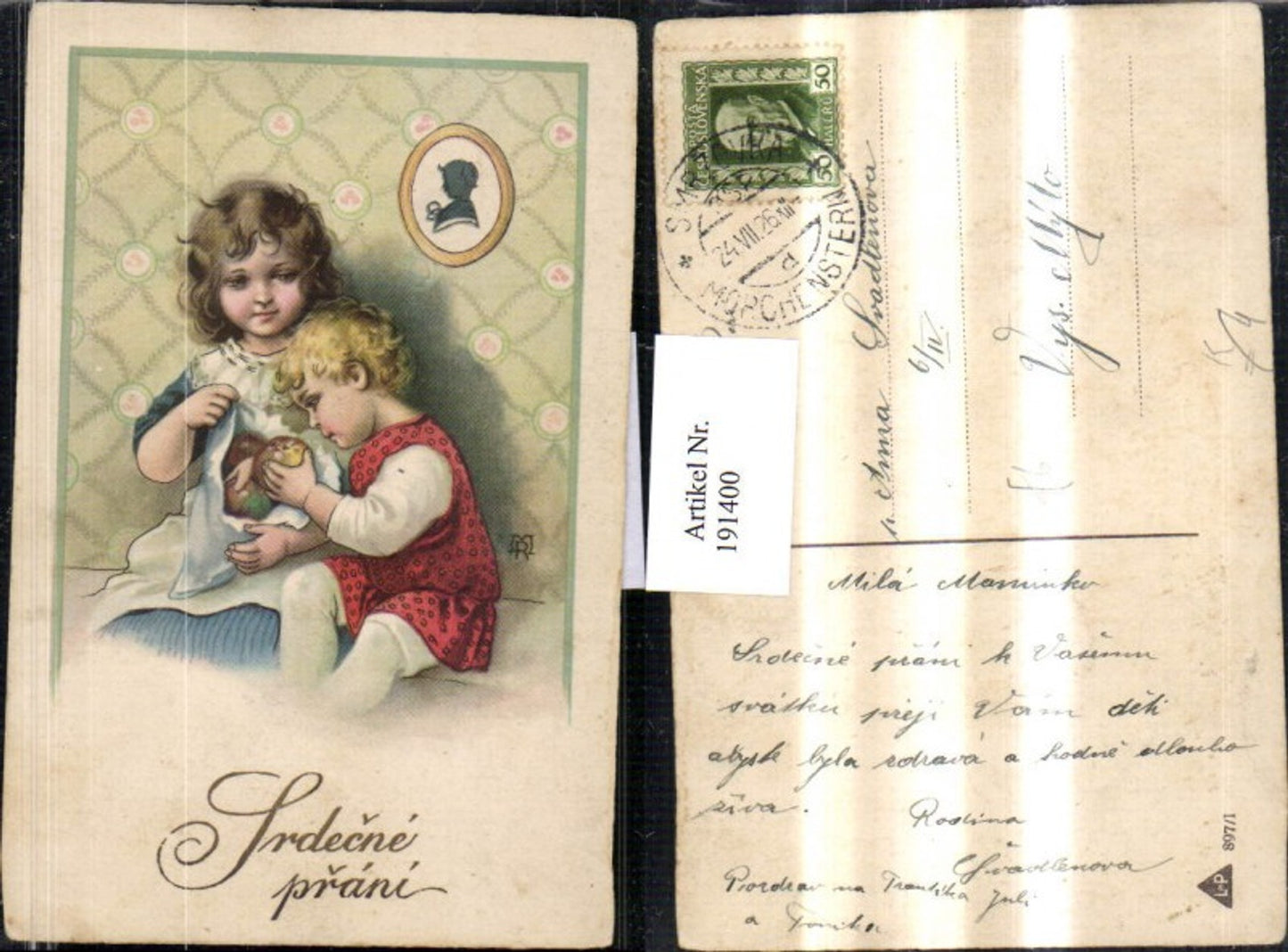 191400,Künstler AK „Srdecne prani“ Kinder m. Äpfel Apfel