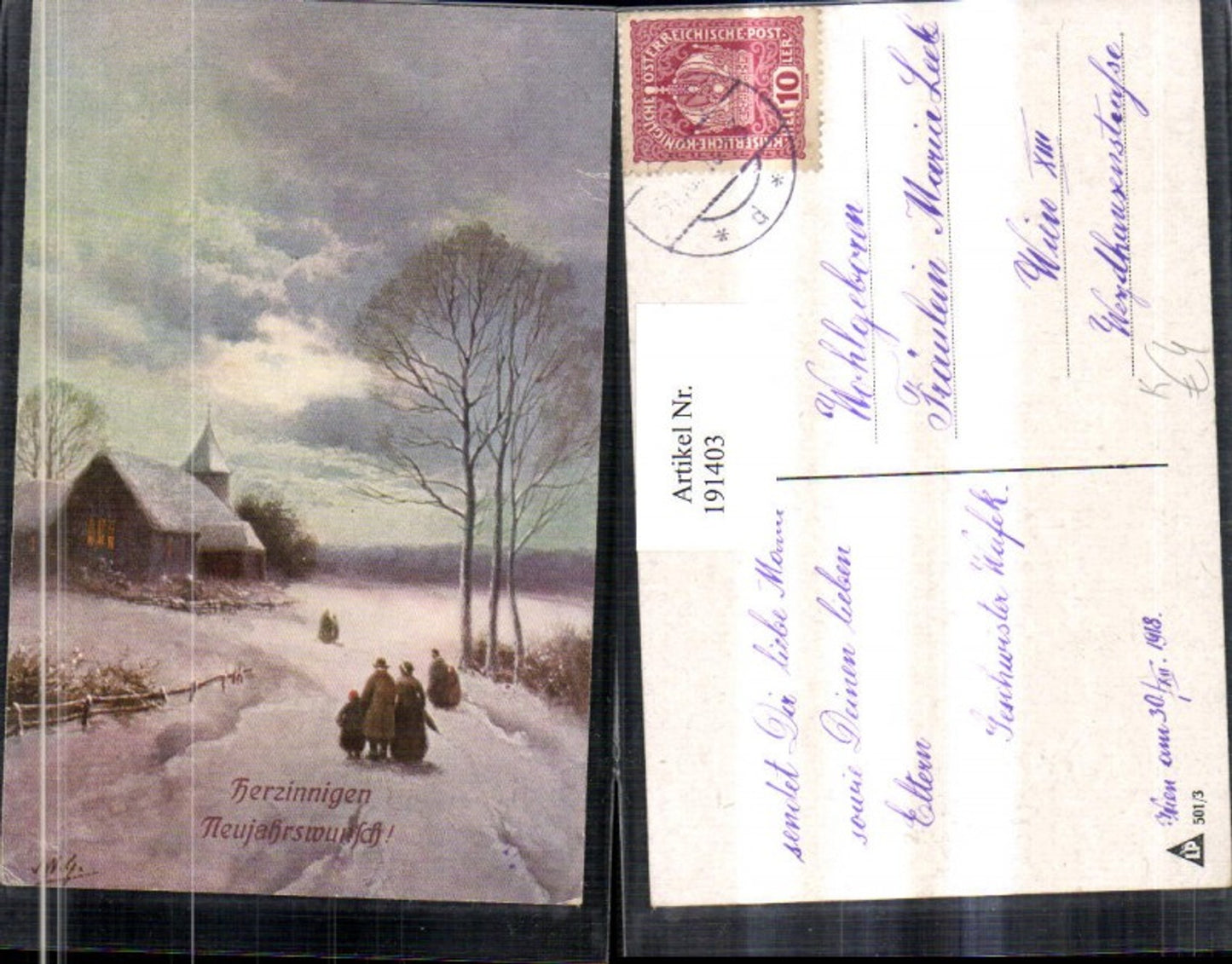 191403,Künstler AK Neujahr Winterlandschaft Kirche