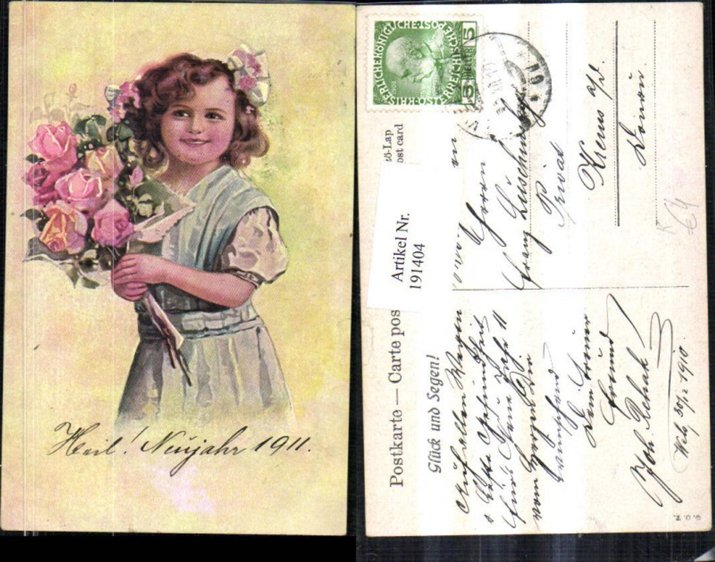 191404,Künstler AK Mädchen m. Masche u. Rosenstrauß Rosen