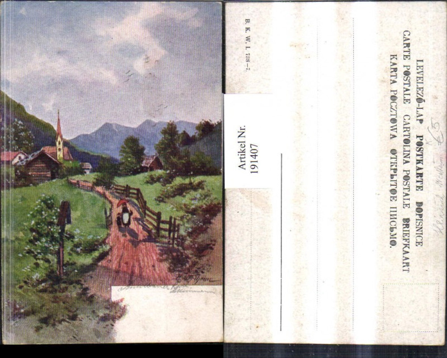 191407,Künstler AK Heinrich Wertheim Landschaft Weg Wegkreuz Kirchenturm