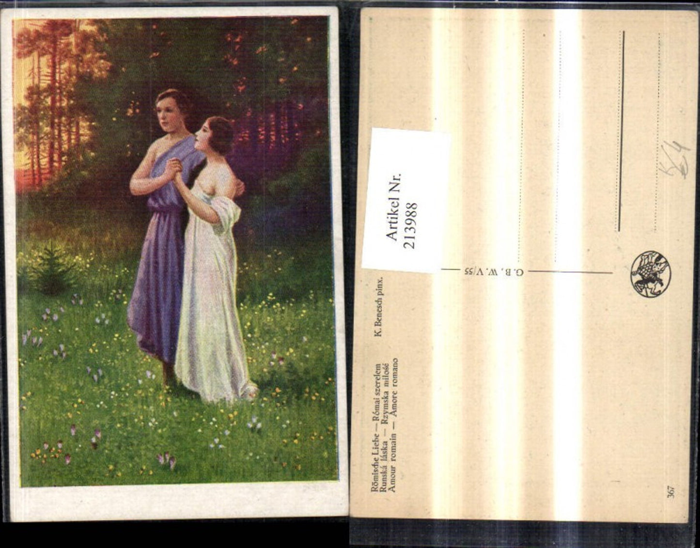 213988,Künstler AK K. Benesch „Römische Liebe“ Zwei Frauen m. Kleid Wiese