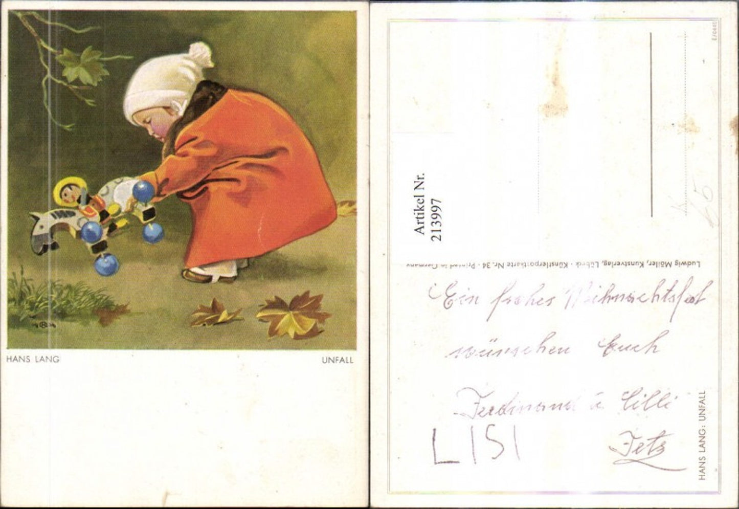 213997,Künstler AK Hans Lang „Unfall“ Kind m. Haube u. Mantel Spielzeug