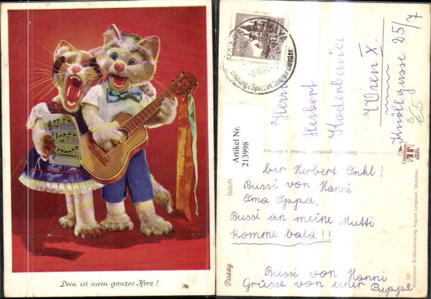 213998,Künstler AK Katzen b. Singen Gitarre