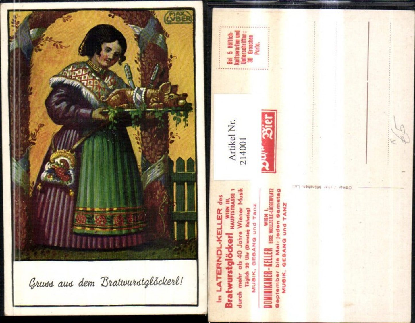 214001,Künstler AK Max Luber „Gruß aus dem Bratwurstglöckerl“ Frau m. Kleid Tasche Kette Ferkel Messer