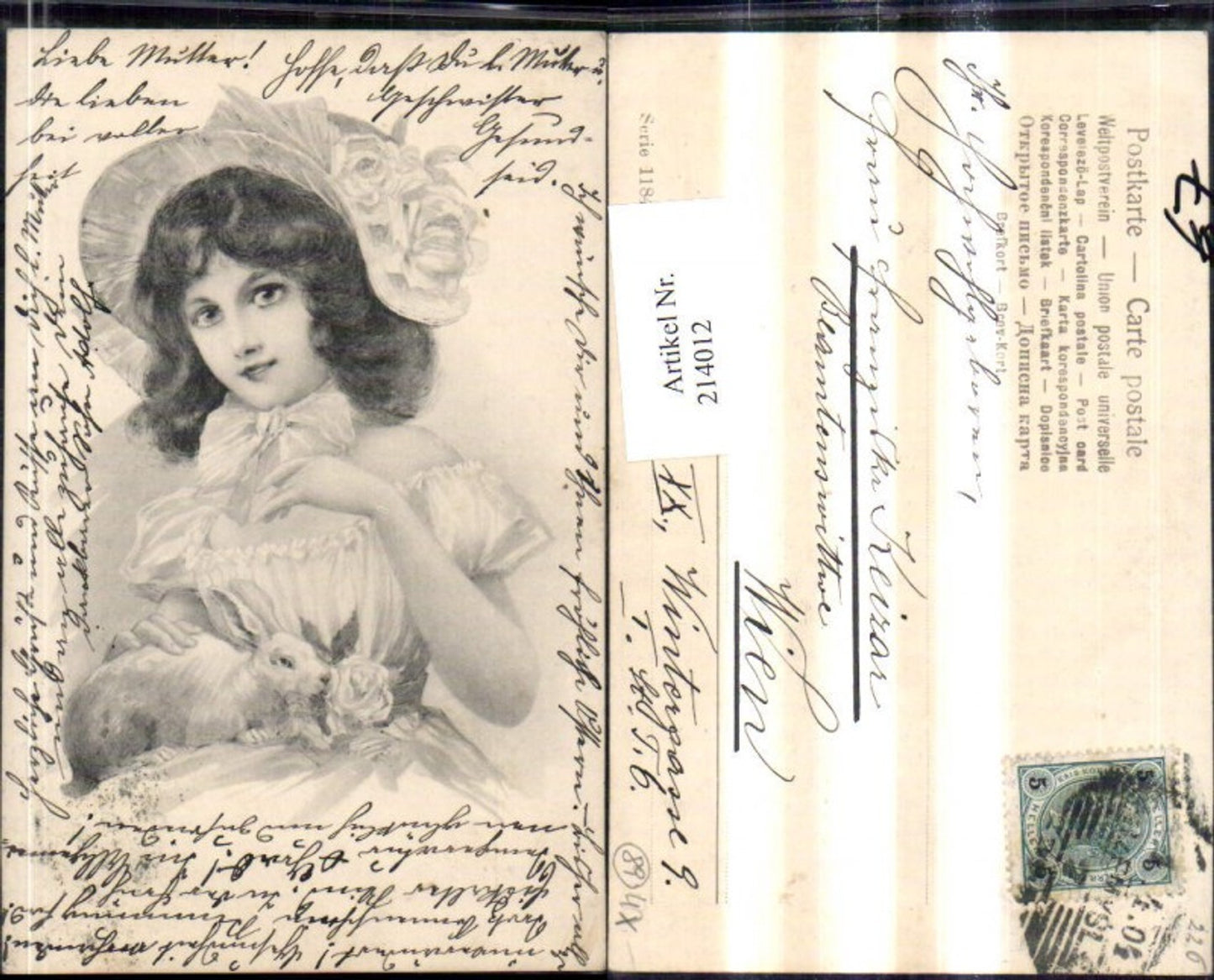 214012,Jugendstil Art Nouveau Frau m. Hut Hase Rose