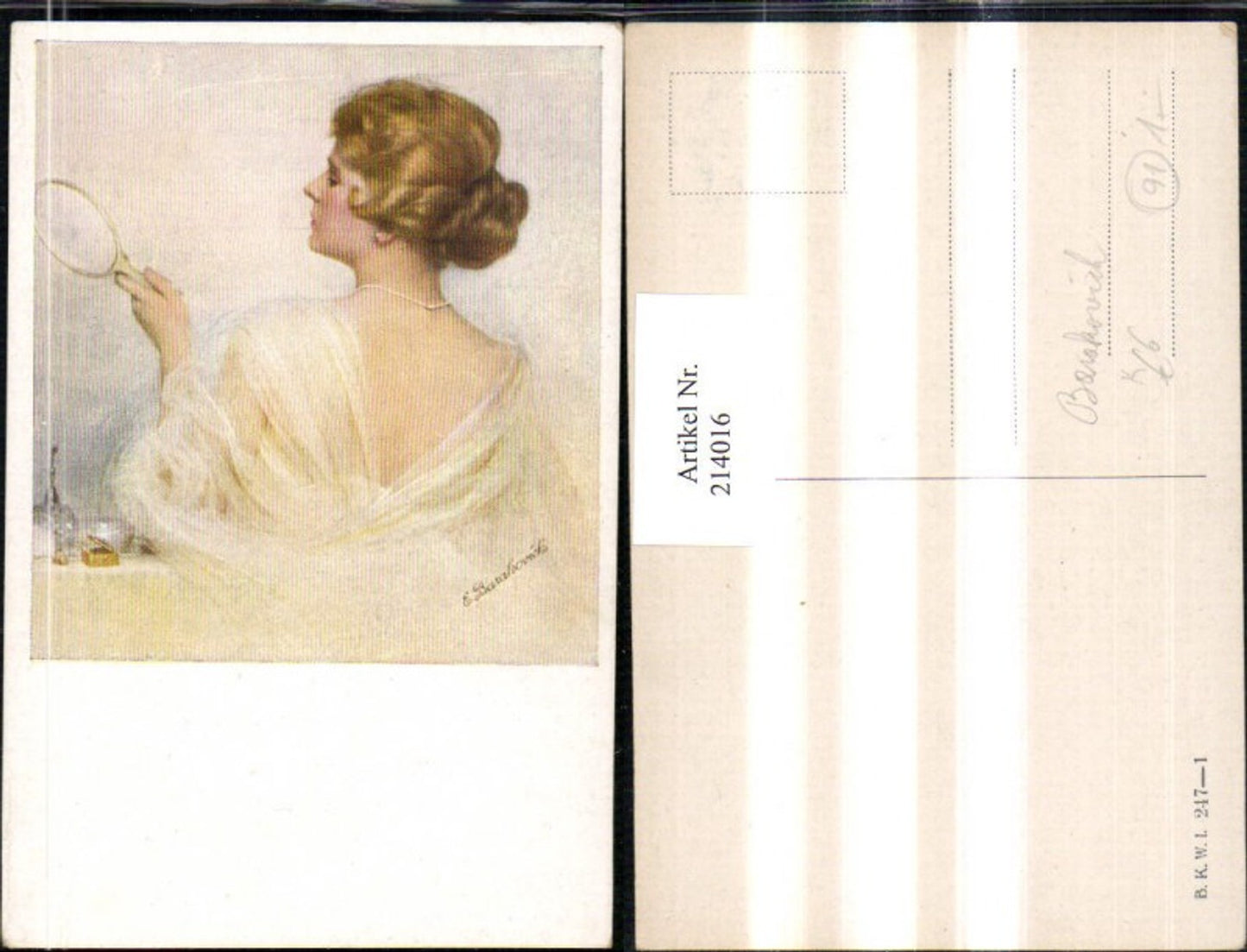 214016,Künstler AK E. Barakovic Jugendstil Art Nouveau Frau m. Spiegel
