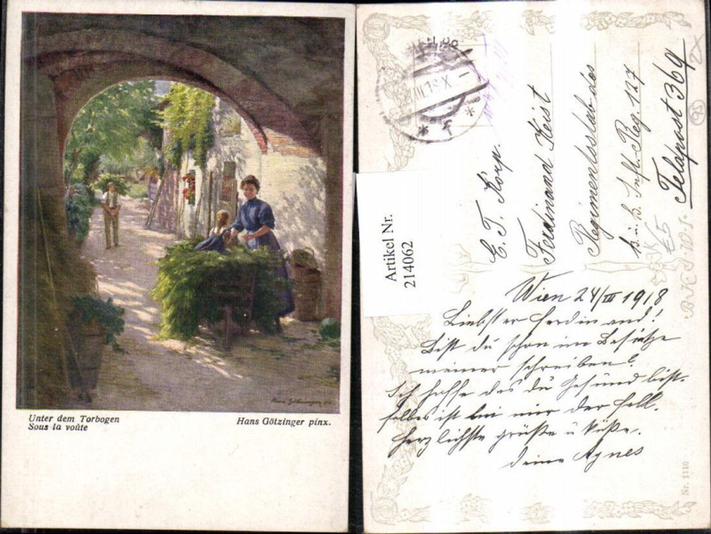 214062,Künstler AK Götzinger Hans „Unter dem Torbogen“ Frau m. Kind Schubkarre