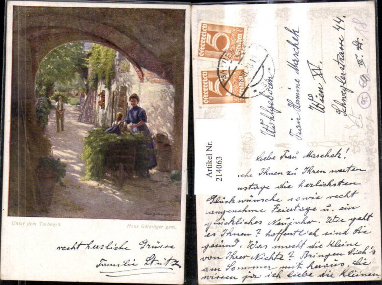 214063,Künstler AK Götzinger Hans „Unter dem Torbogen“ Frau m. Kind Schubkarre