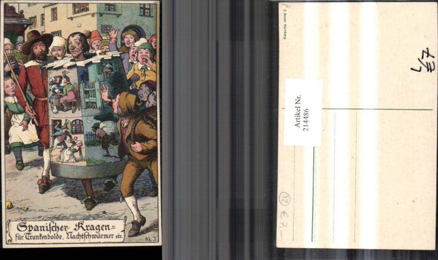 214486,Künstler Litho Ad. J. Spanischer Kragen für Trunkenbolde Nachtschwärmer etc Folter