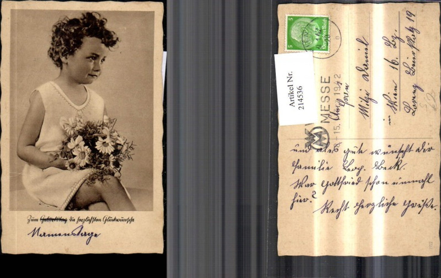 214536, Child girl with flowers, congratulations on name day, stamp Vienna Fair March 1942