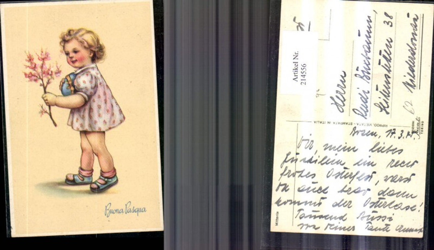 214556,Kind Künstler Ak Mädchen m. Blütenzweig Zweig Osterei Ei Buona Pasqua