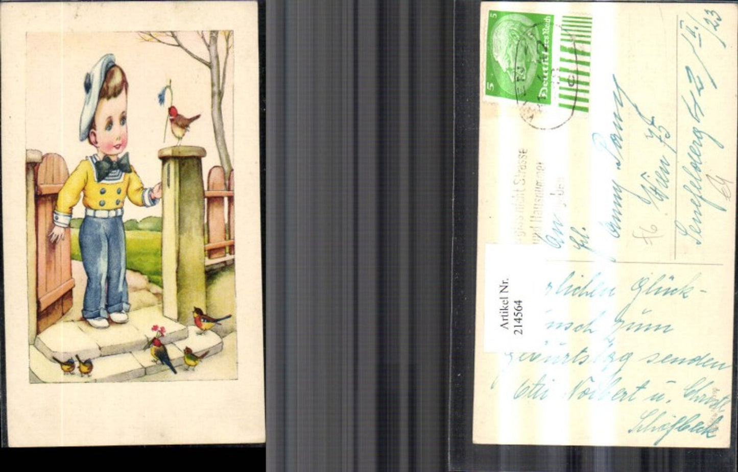 214564,Kind Künstler Ak Bub Junge Matrosenanzug a. Gartentor Vögel