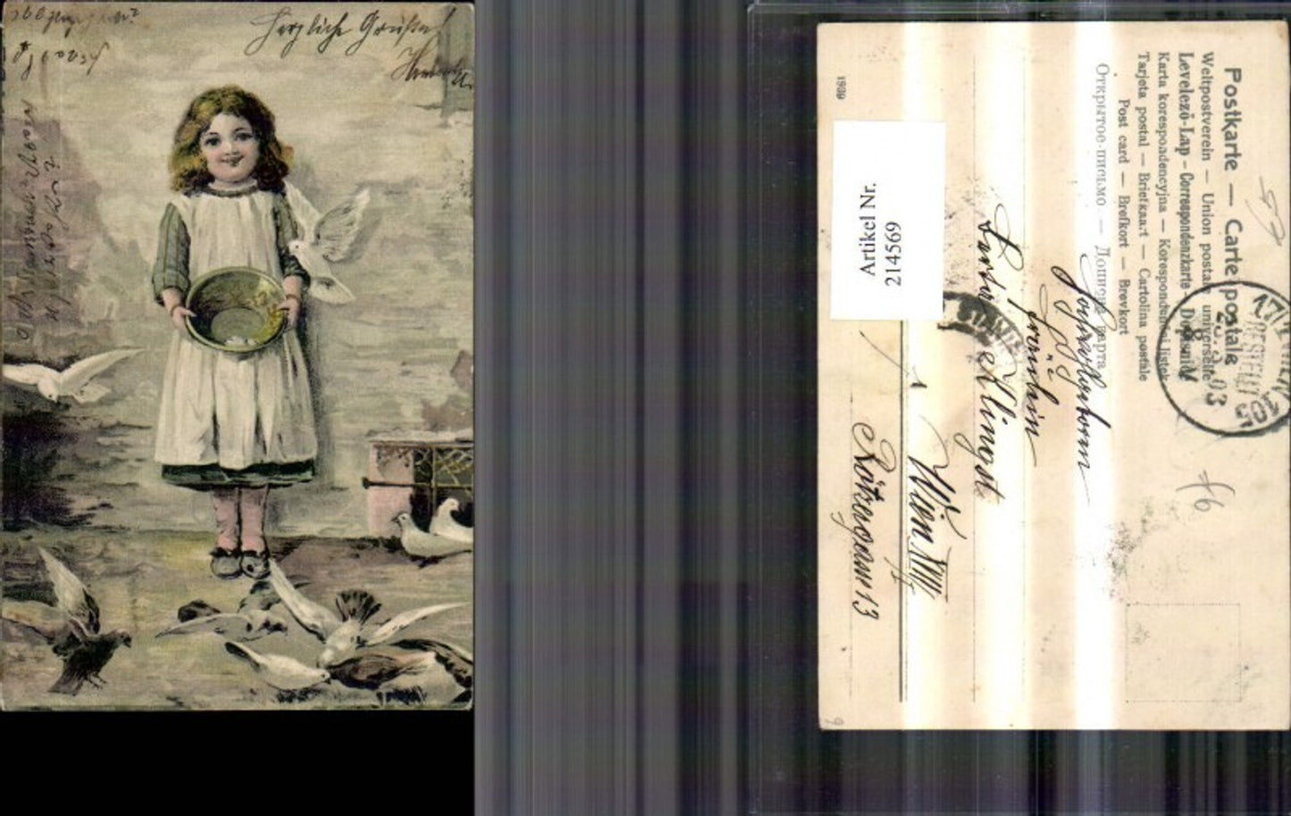 214569,Kind Künstler Ak Mädchen m. Tauben Schüssel Linsen Aschenbrödel