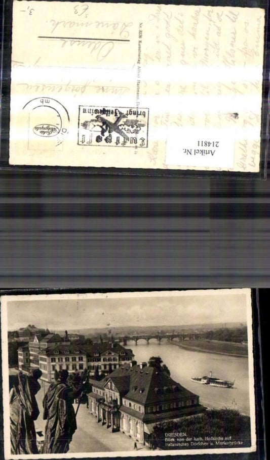 214811,Dresden Blick Hofkirche a. Italienisches Dörfchen Marienbrücke Schiff Dampfer Stempel Luftpost bringt Zeitgewin