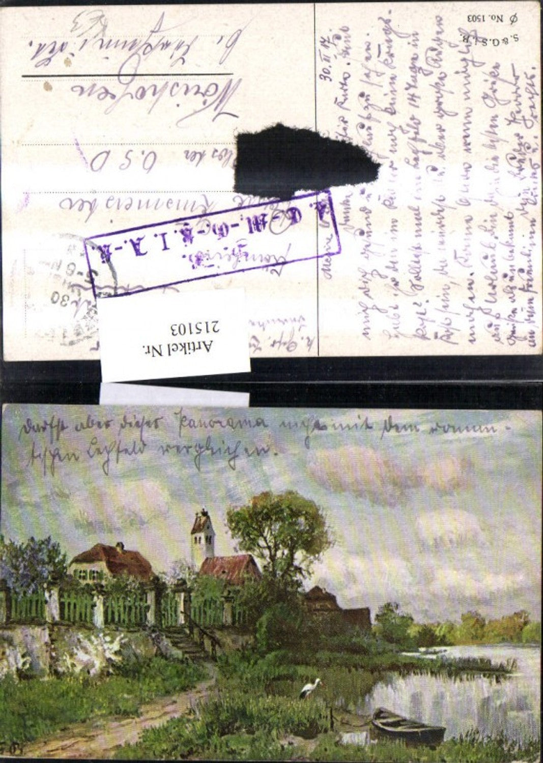 215103, Artist Ak Village with Pond Boat Stork