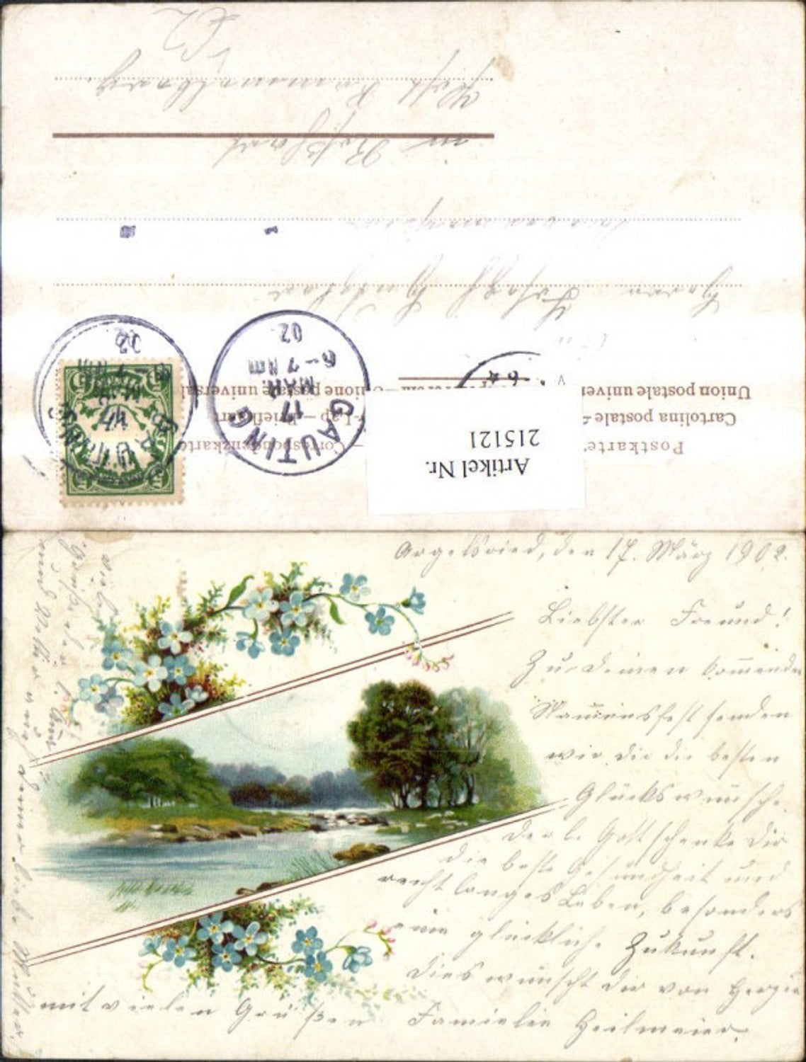 215121, Artist Lithograph River Landscape Flowers
