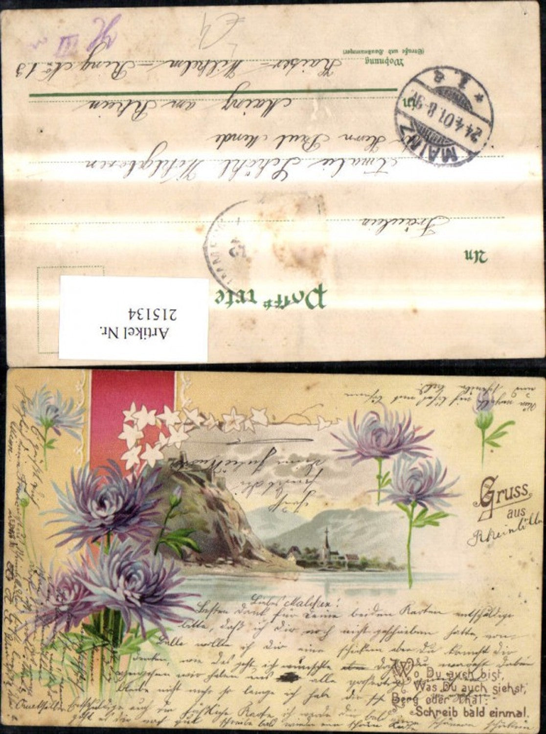 215134, Artist Lithograph Village River Landscape with Flowers