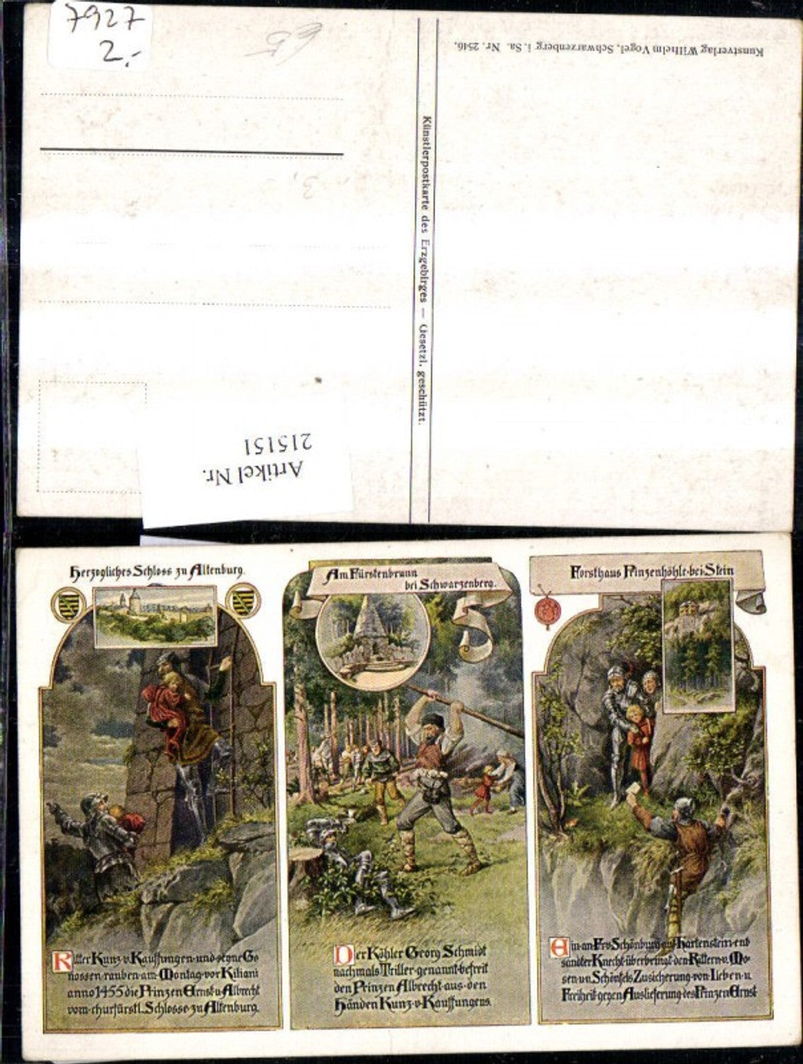 215151,Künstler Ak Herzogliches Schloss z. Altenburg Am Fürstenbrunn b. Schwarzenberg Forsthaus Prinzenhöhle b. Stein