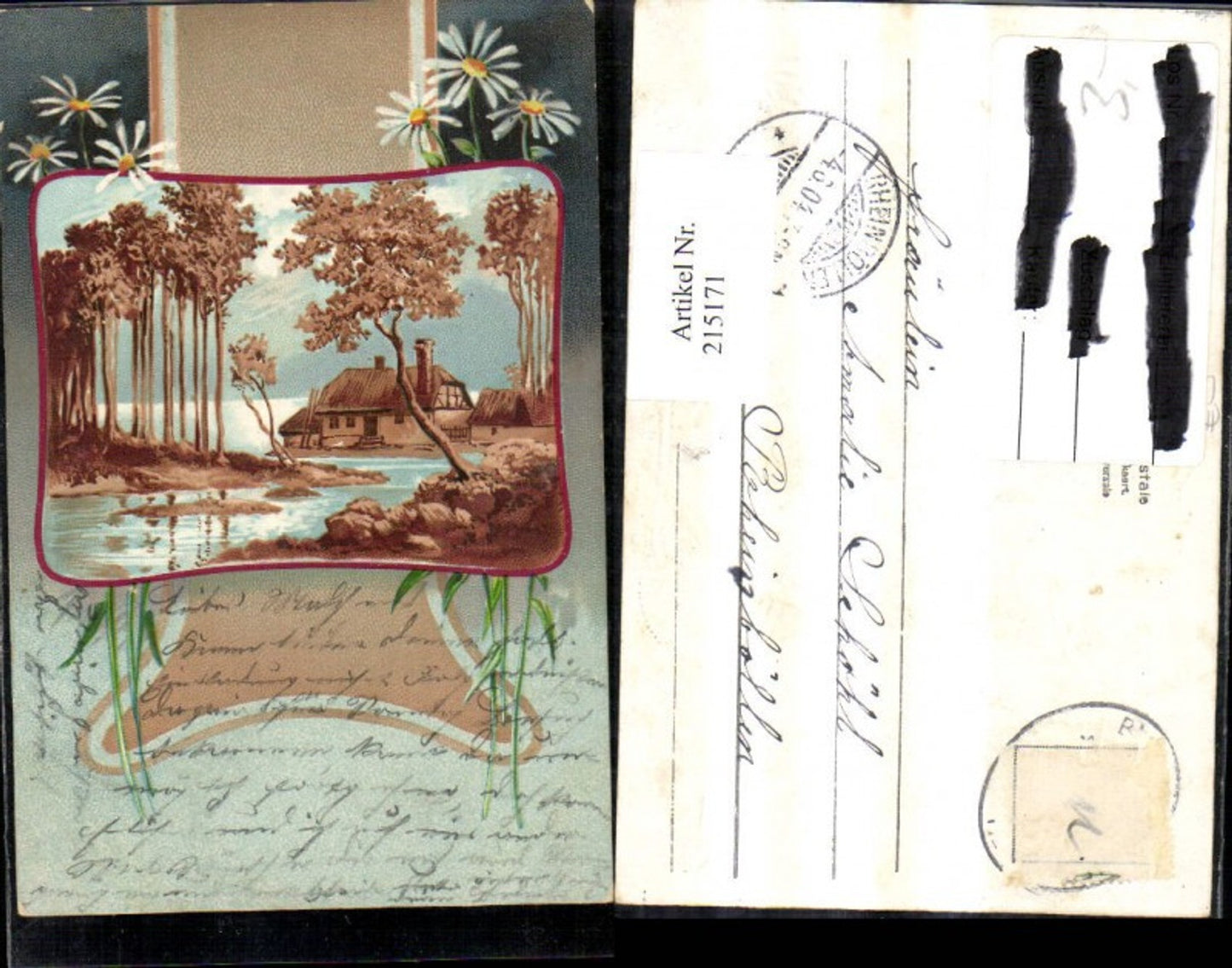 215171,Präge Künstler Ak Landschaft Passepartout Blumen