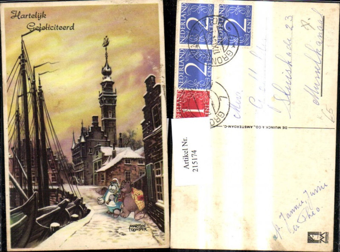 215174,Künstler Ak Marten Conder Hartelyk Gefeliciteerd Vermenschlichter Bär Seekuh Stadt Schiffe Winter