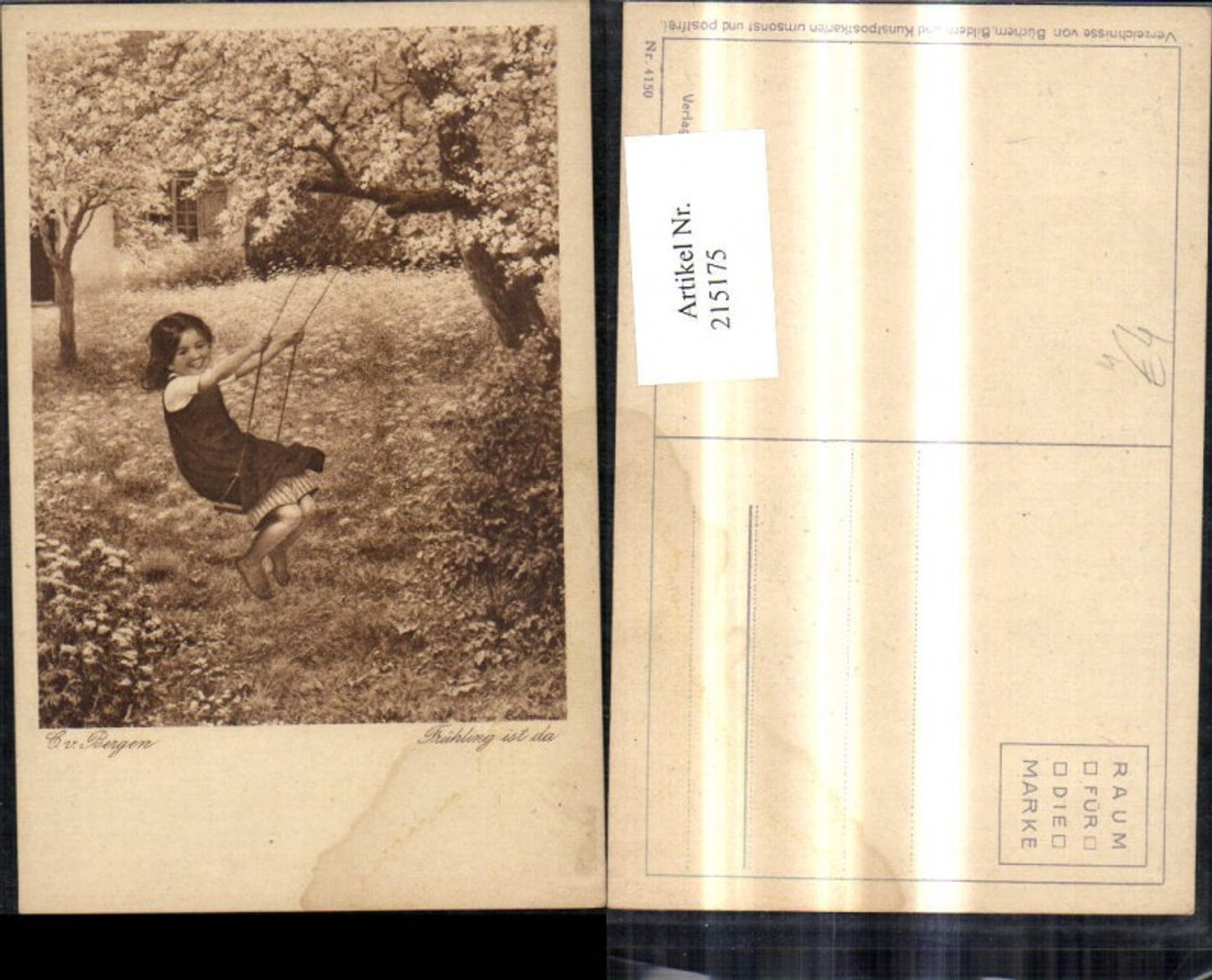 215175,Künstler Ak C. v. Bergen Frühling ist da Kind Mädchen a. Schaukel Baum Wiese