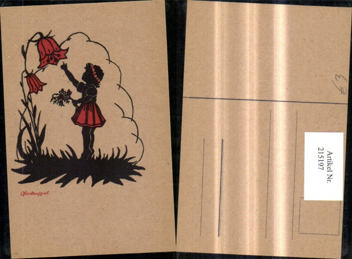 215197,Scherenschnitt Silhouette Glockenspiel Mädchen m. Glockenblume Blume