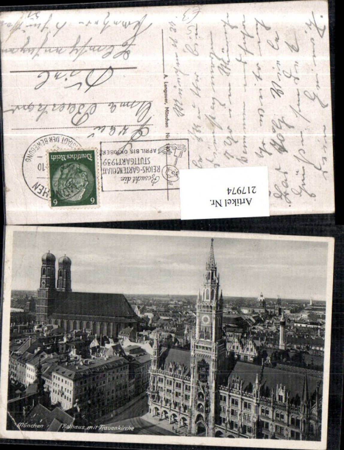 217974,München Teilansicht Rathaus m. Frauenkirche Kirche Reichs-Gartenschau Stuttgart 1939 Stempel