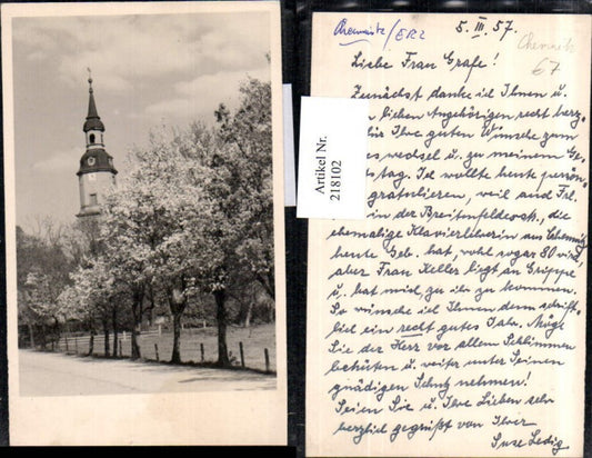 218102,Chemnitz Partie Kirchenturm blühende Bäume