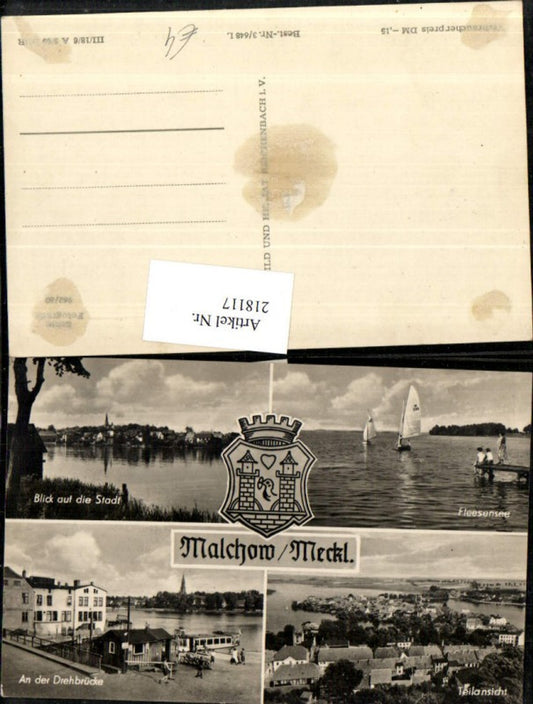 218117,Malchow Mecklenburg Totale Blick auf d. Stadt Fleesensee Drehbrücke Mehrbildkarte