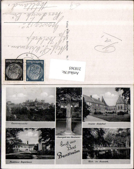 218365,Gruß aus Bad Bentheim Totale Badehaus Logierhaus Teich im Kurpark Schlosshof Herrgott v. Bentheim Mehrbildk.
