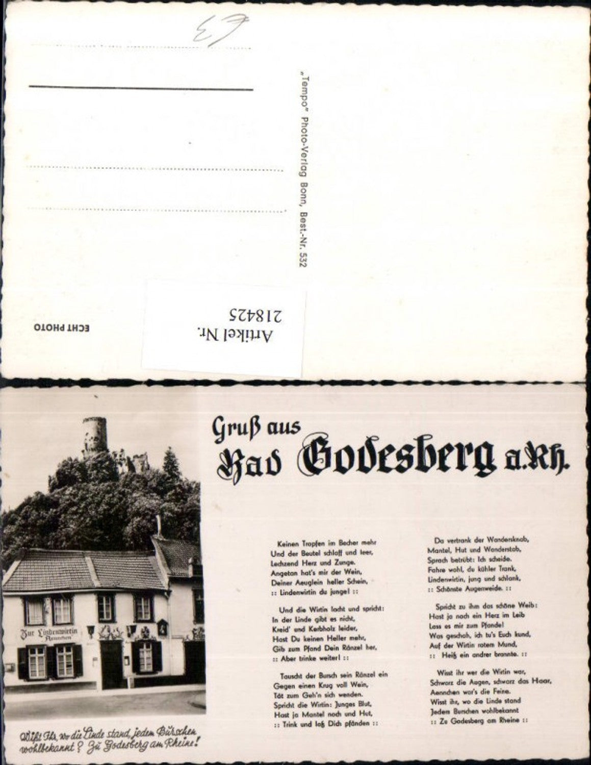 218425,Gruß aus Bad Godesberg a. Rhein Gasthaus „Zur Lindenwitin“ Text Gedicht