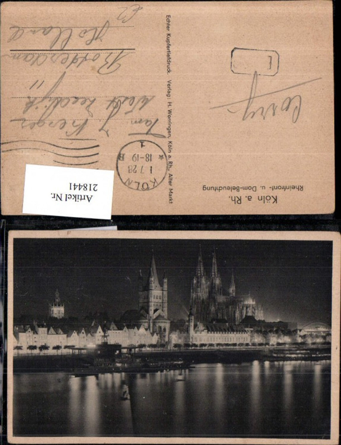 218441,Köln a. Rhein Teilansicht Rheinfront u. Dom-Beleuchtung