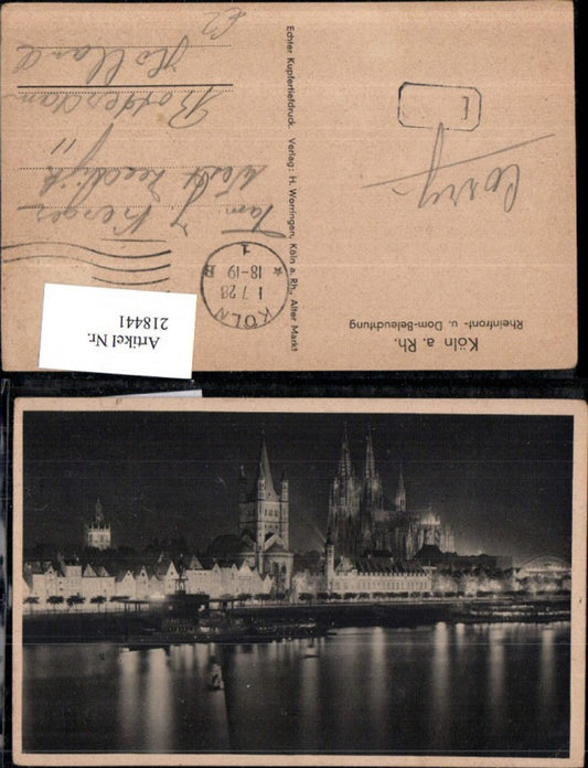 218441,Köln a. Rhein Teilansicht Rheinfront u. Dom-Beleuchtung