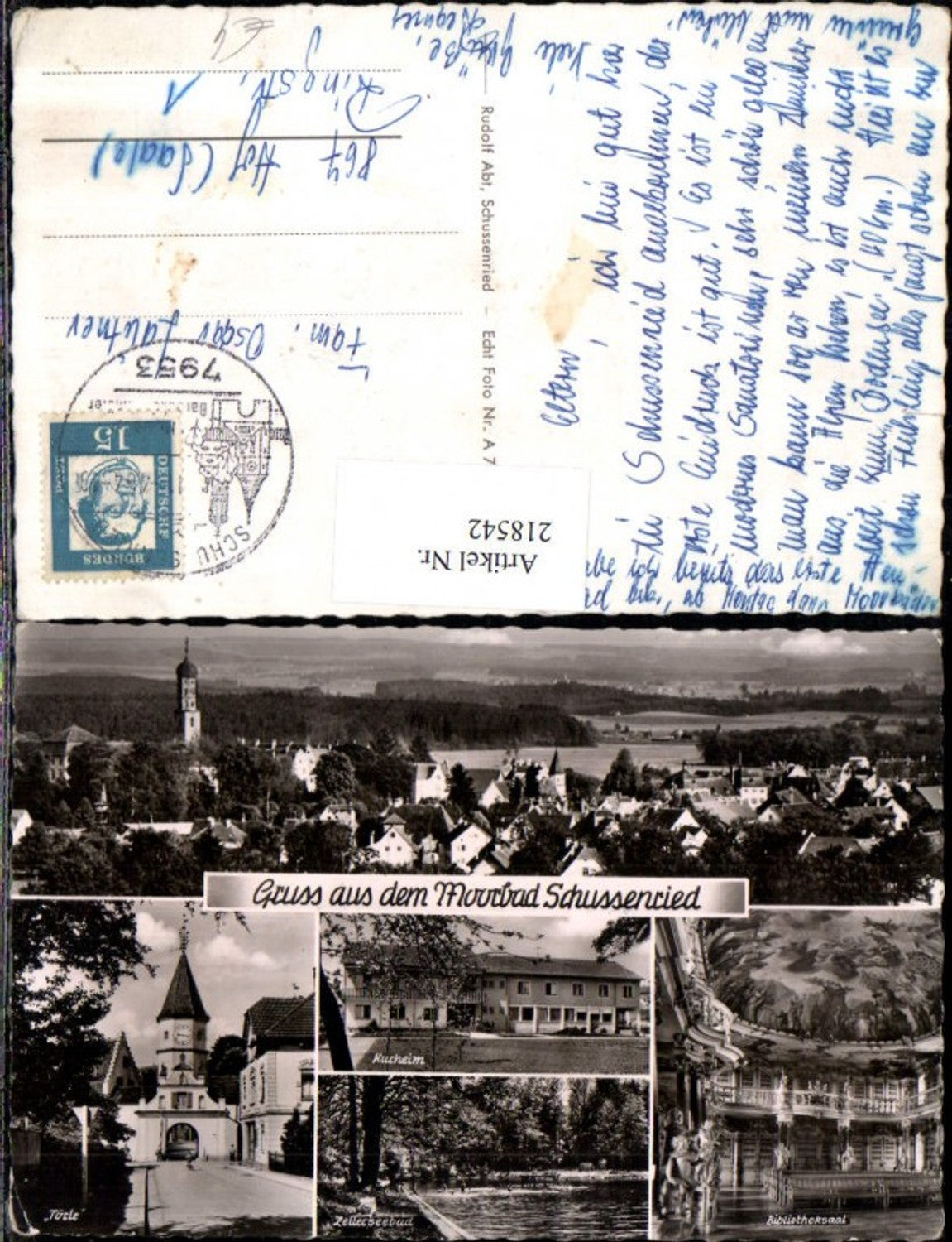 218542,Gruß aus d. Moorbad Schussenried Totale Kurheim Bibliotheksaal Zellerseebad Törle Mehrbildkarte