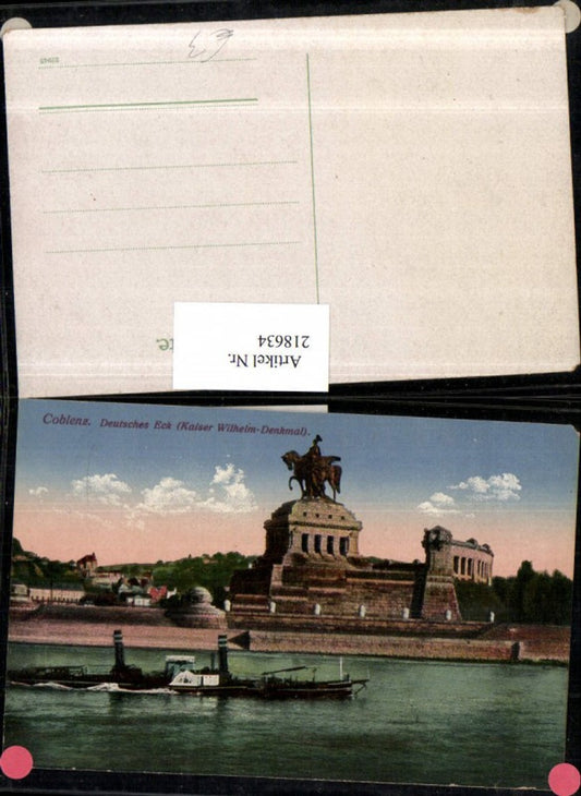 218634,Coblenz Koblenz Deutsches Eck m. Kaiser Wilhelm-Denkmal Dampfer Schiff