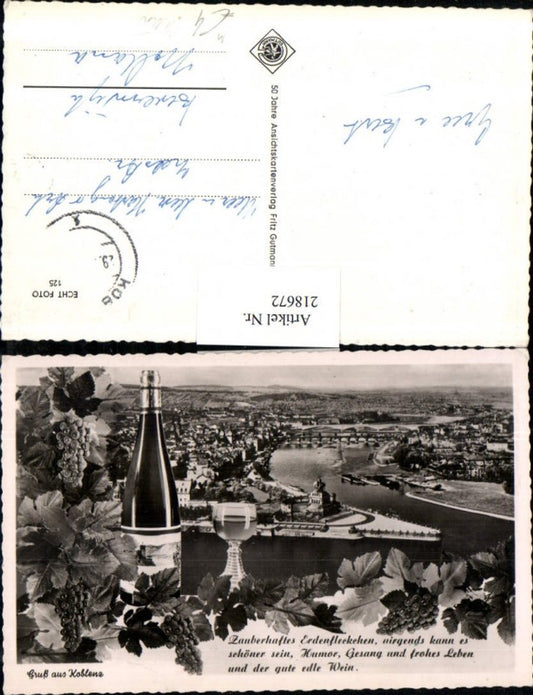 218672,Gruß aus Koblenz a. Rhein Totale Deutsches Eck Wein Weintrauben Weinglas