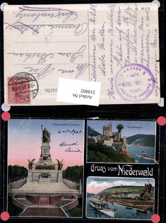 218802,Gruß vom Niederwald b. Rüdesheim Teilansicht Dampfer Nationaldenkmal Burg Rheinstein Mehrbildkarte