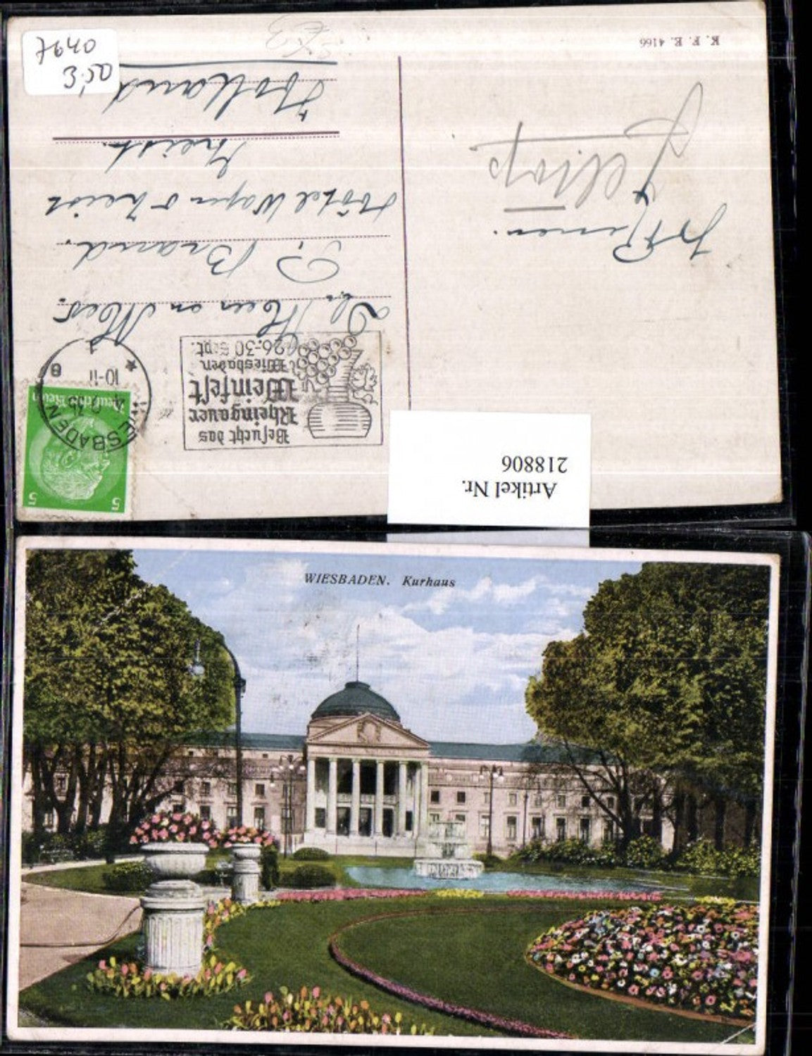 218806,Wiesbaden Kurhaus u. Garten Brunnen Rheingauer Weinfest 1935 Stempel