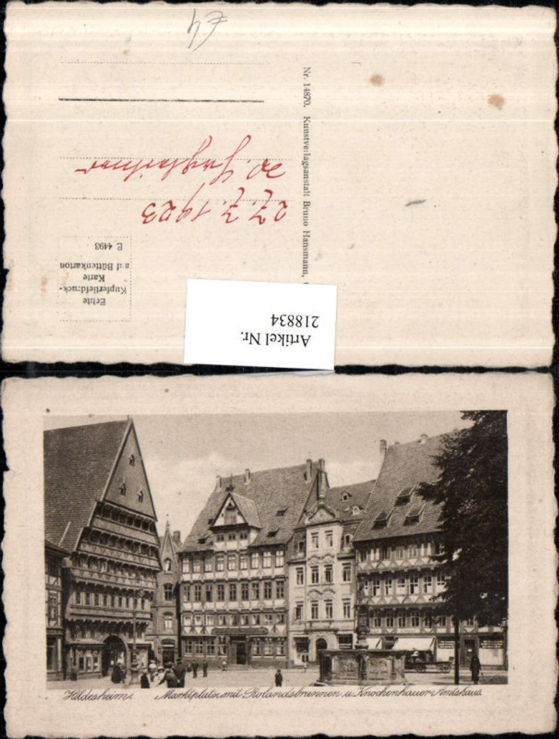 218834,Präge AK Hildesheim Marktplatz m. Rolandsbrunnen Brunnen u. Knochenhauer Amtshaus