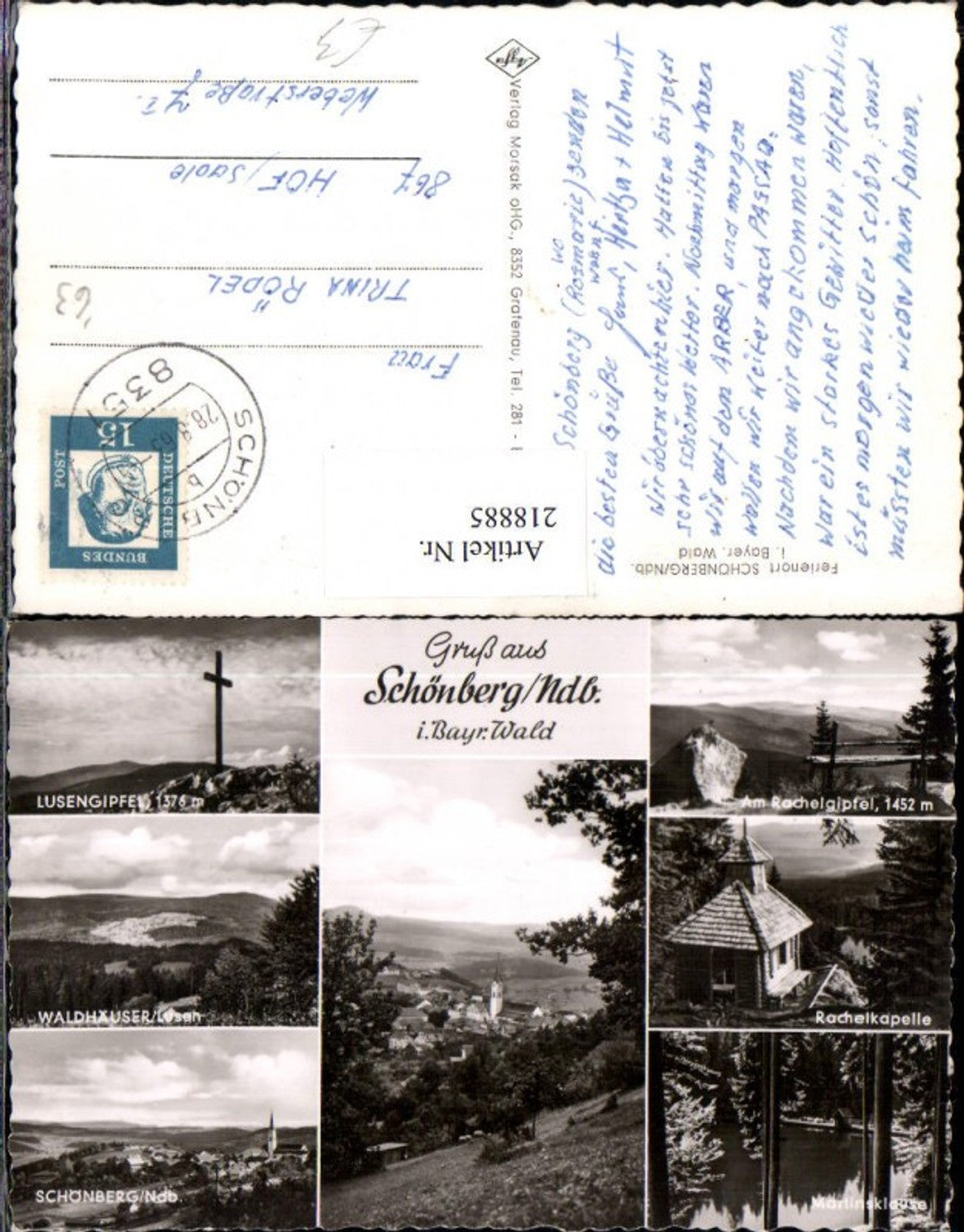 218885,Gruß aus Schönberg im Bayerischen Wald Totale Lusengipfel Waldhäuser Rachekapelle Mehrbildkarte