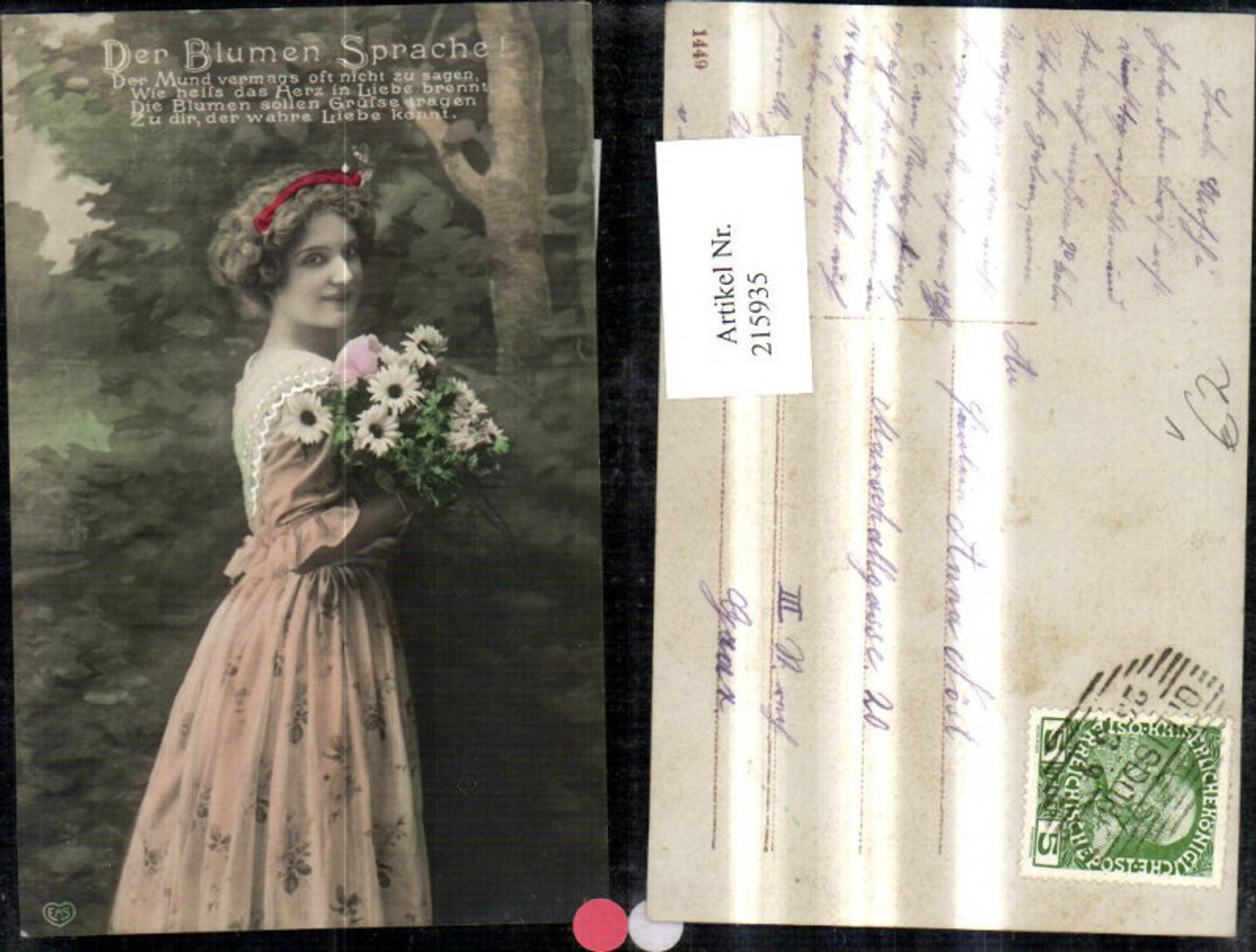 215935,Frau m. Blumen Strauß Der Blumen Sprache Spruch Text pub EAS