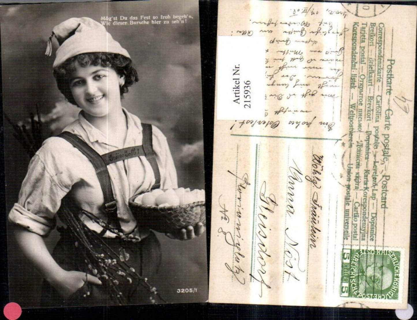 215936,Frau Hose Hosenträger Korb m. Eier Palmkätzchen Spruch Text